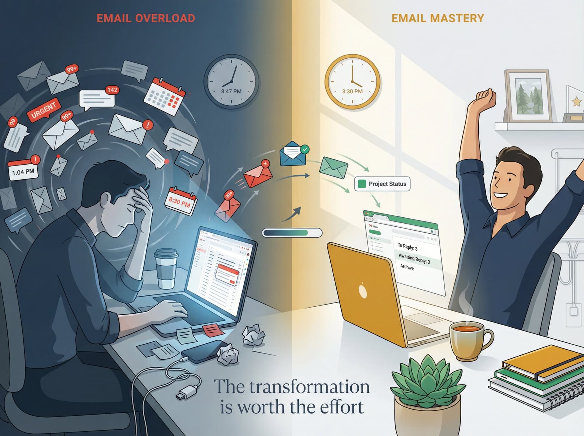 Split illustration contrasting email chaos with calm productivity: stressed worker drowning in notifications versus focused professional with organized inbox